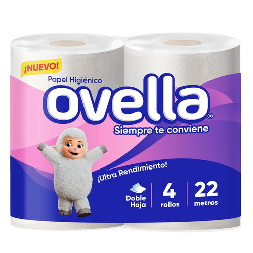 Set 4 rollos papel higiénico doble hoja 22 metros Ovella - Puro Brillo Concepción