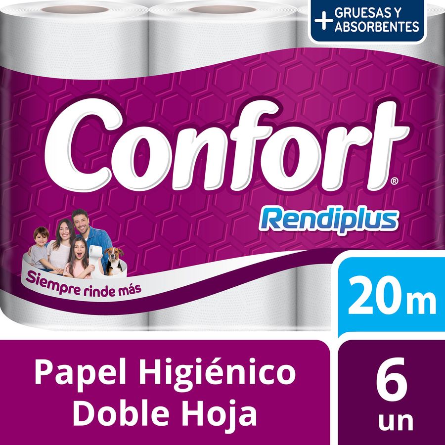 Papel higiénico Confort Rendiplus doble hoja 20 m, pack 6 rollos
