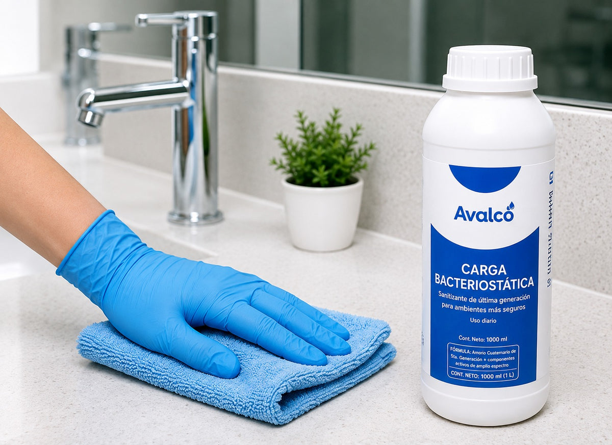 Carga Bacteriostatico Avalco 1 Litro aplicado en superficies de bano
