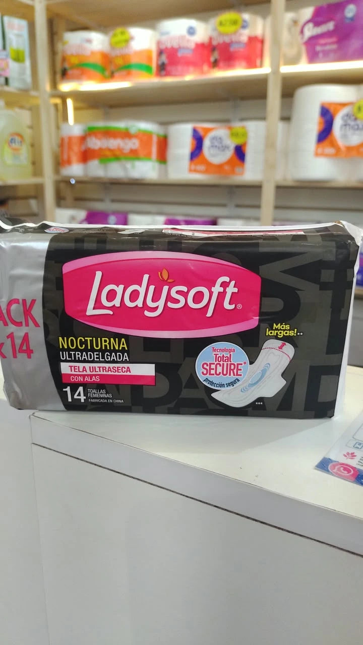 Toallas femeninas Ladysoft Nocturna Ultradelgada con alas, pack 14