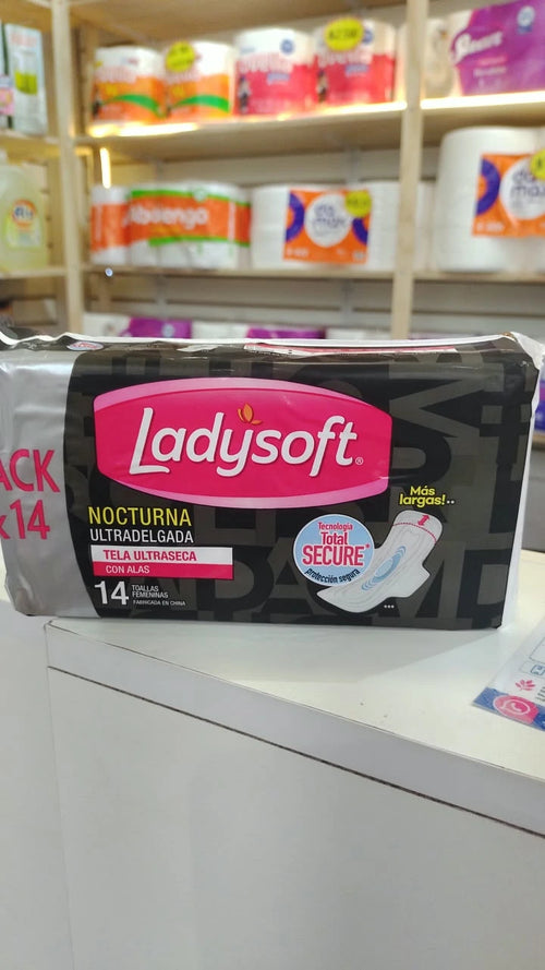 Toallas femeninas Ladysoft Nocturna Ultradelgada con alas, pack 14